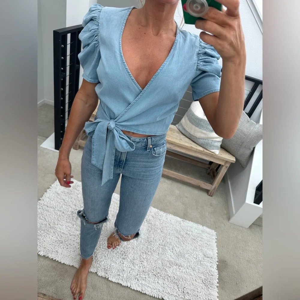 Bar III Light Wash Denim Puff Sleeve Wrap Crop Top | NWT Size Small - Picture 5 of 14